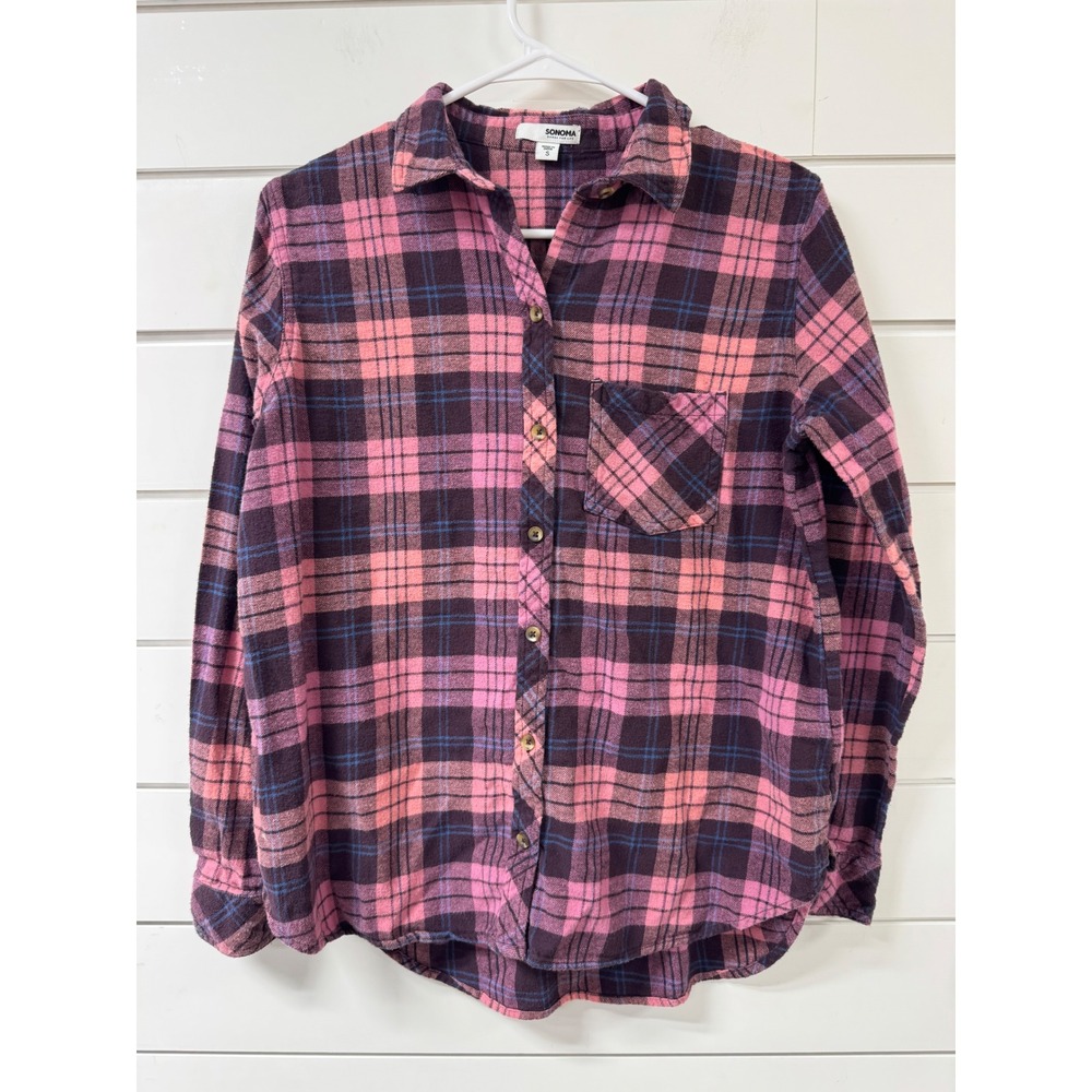 Sonoma Goods For Life Pink Purple Plaid Flannel Shirt Womens Small Cotton